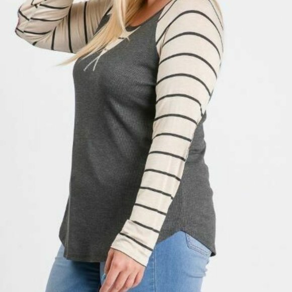 NWT 7th Ray Plus Charcoal/Oatmeal Stripe Top - Picture 3 of 3